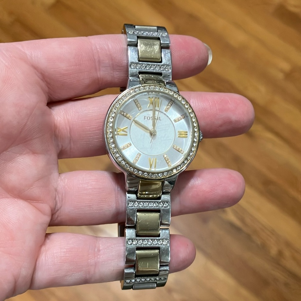 Fossil Silver and Gold Two-Tone Watch with Crystal Bezel
